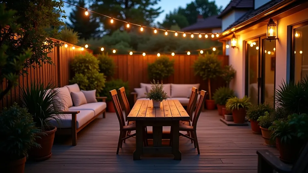 Evening outdoor entertaining space with warm string lighting overhead, container plants, comfortable seating, and ambient atmosphere perfect for gatherings