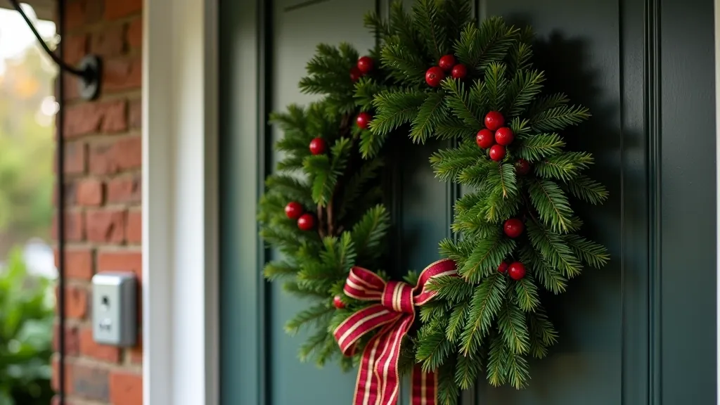 Handmade Christmas wreath with evergreen branches, berries, and decorative ribbon on a front door