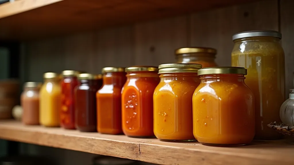 Rows of glass bottles filled with homemade tomato sauce and chutneys, labels visible, kitchen shelf with natural window light, neat organised storage setup