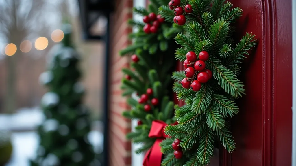 Finished Christmas wreath hanging on a traditional wooden door with snow-dusted evergreen branches and red berries, winter setting