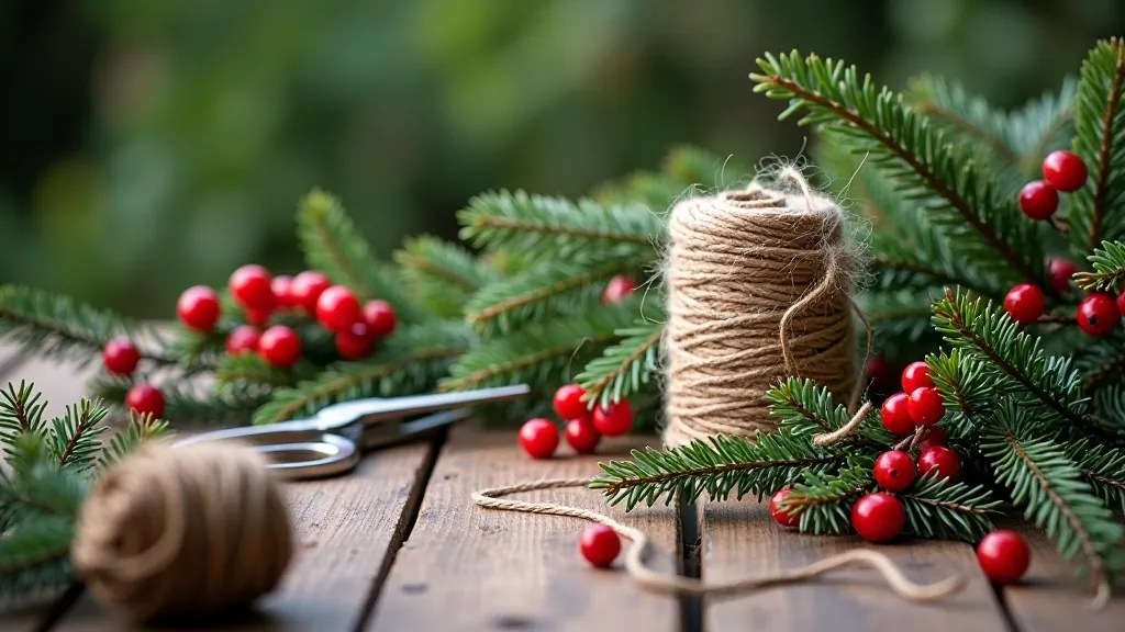 Collection of evergreen branches, berries, wire, and tools laid out on a wooden table ready for wreath assembly