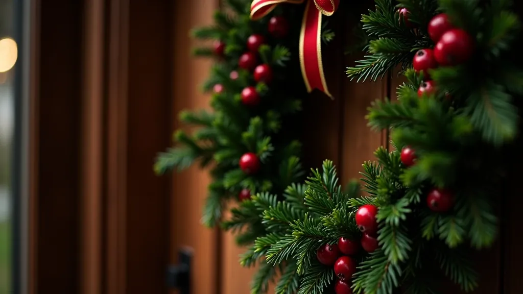 Beautiful handmade Christmas wreaths displayed on wooden door, decorated with greenery, berries, and ribbons