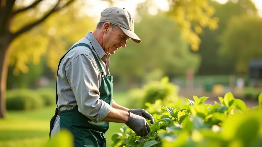 Gardener working in vegetable garden during afternoon light
