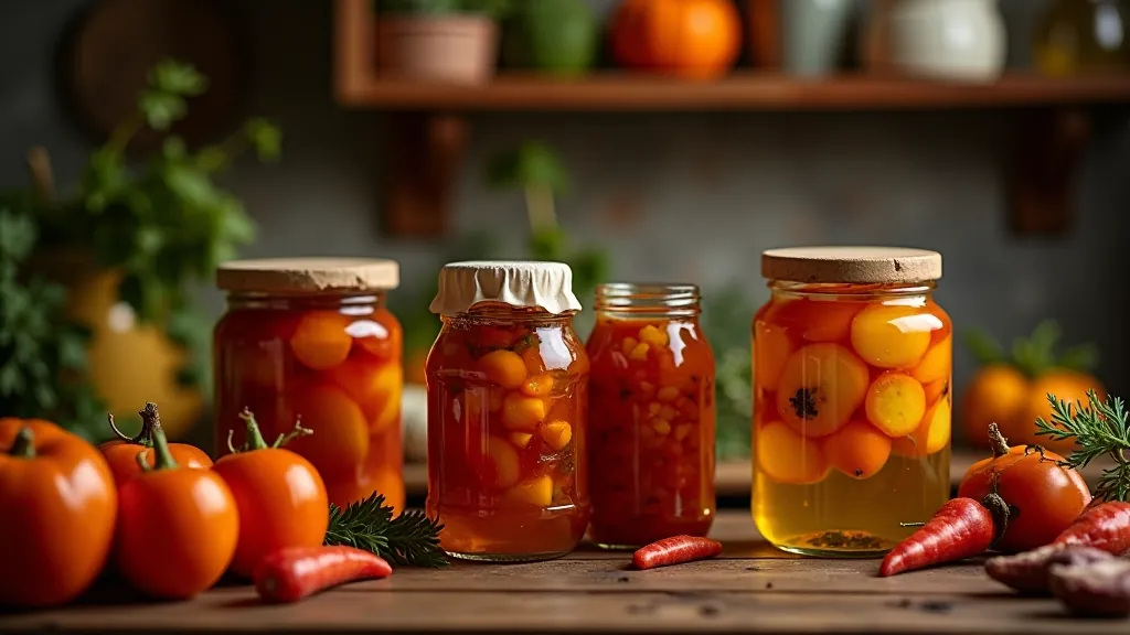 Autumn harvest preservation with jars and vegetables