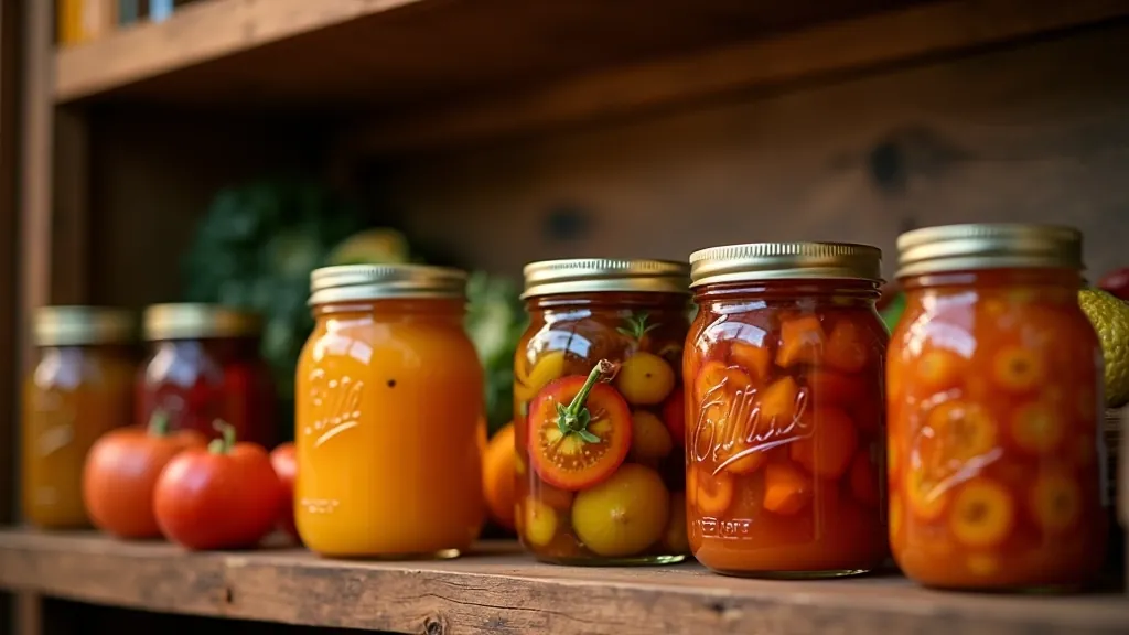 Glass jars of preserved vegetables and jams arranged on a kitchen shelf with autumn harvest in background