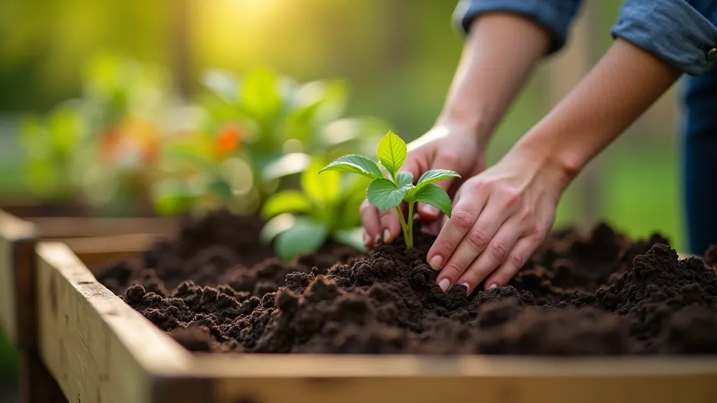 Hands planting seedlings in garden soil with garden tools nearby on a spring morning