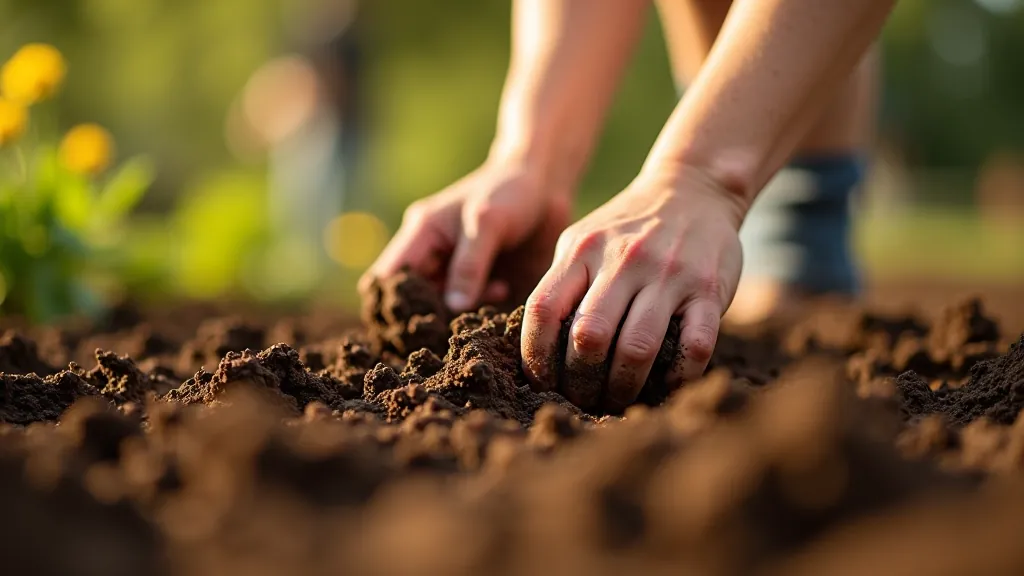Hands preparing garden soil for planting