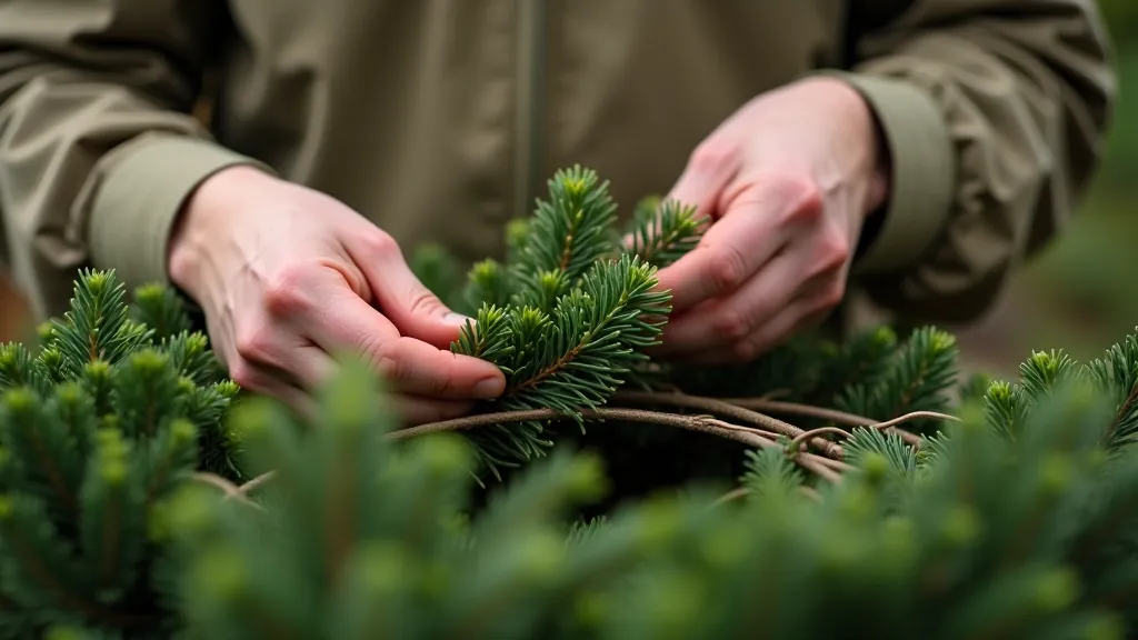Hands securing evergreen sprigs to a wire wreath base with florist wire, showing the binding technique step-by-step
