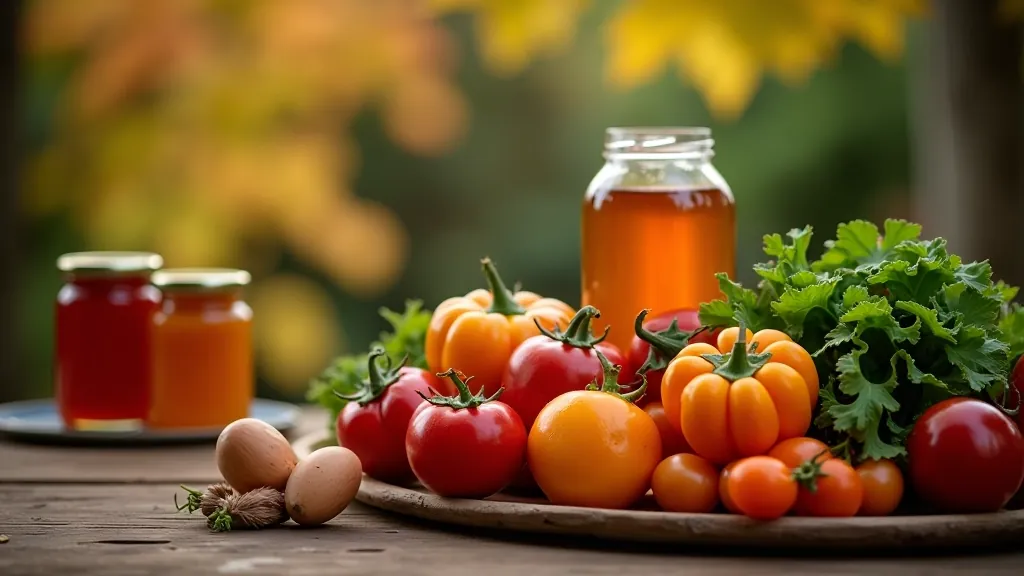 Autumn harvest display with fresh vegetables, bottles of preserves, and jars ready for storage