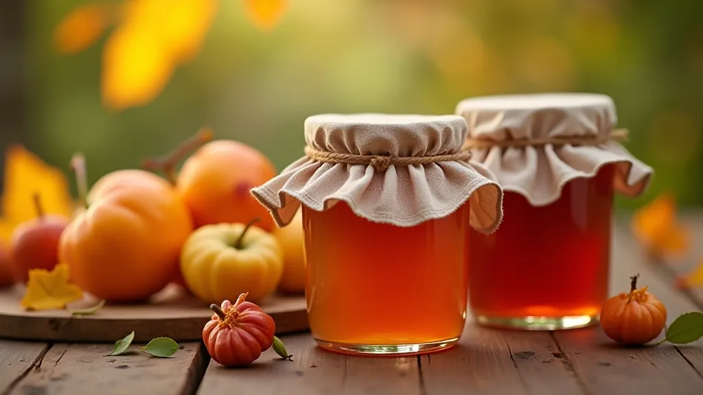 Homemade jam in glass jars with cloth covers and twine, surrounded by fresh apples and plums on wooden table, golden afternoon light streaming through window