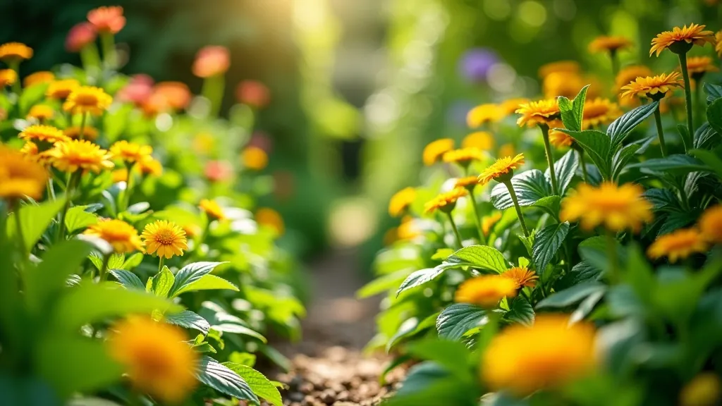 Beautiful spring garden with flowering plants and green growth