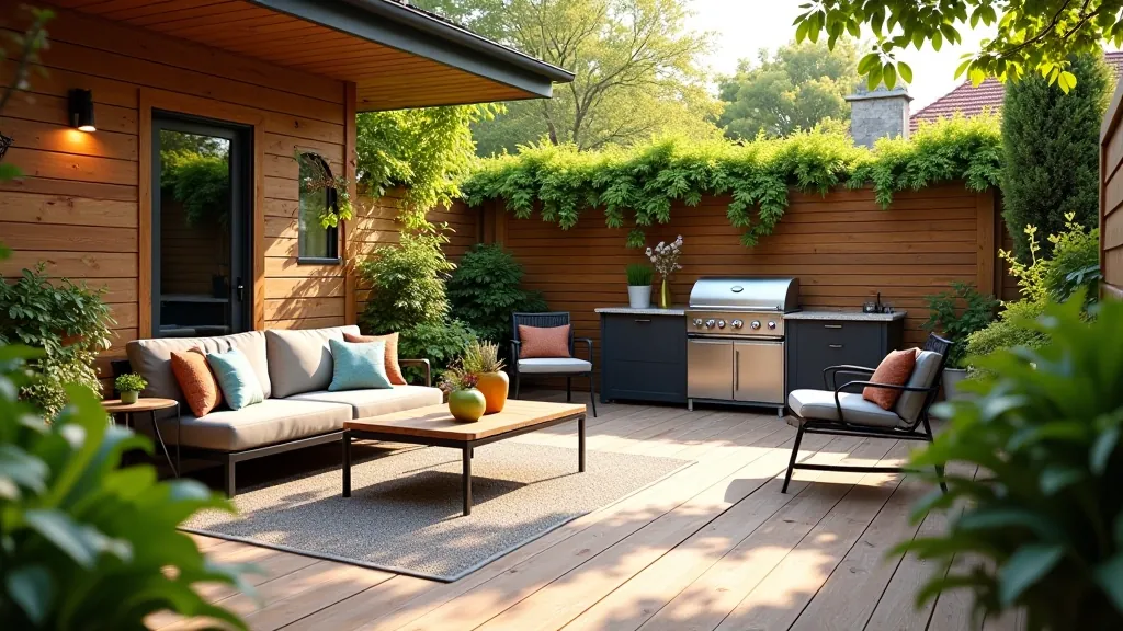 Outdoor BBQ area with wooden deck, comfortable seating, and summer plants surrounding the space