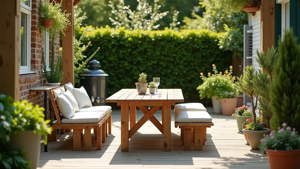 Budget-friendly outdoor entertaining setup with practical furniture choices and DIY-friendly decorative elements creating an attractive garden space
