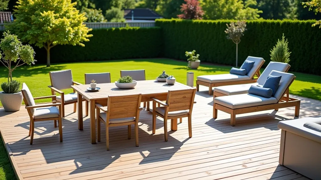 Collection of outdoor furniture including weather-resistant dining set, comfortable lounge chairs, and side tables arranged on a patio area
