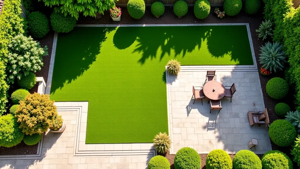 Overhead view of garden layout showing three distinct entertaining zones with furniture placement, pathways, and spatial measurements