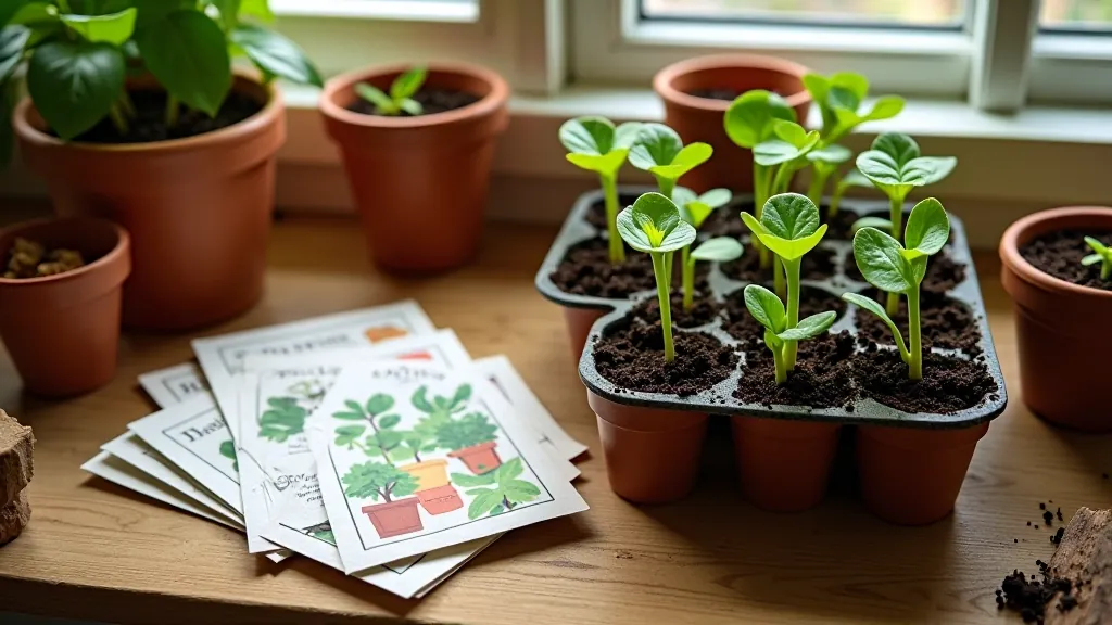 Seed packets and seedling trays with small green shoots emerging from dark soil