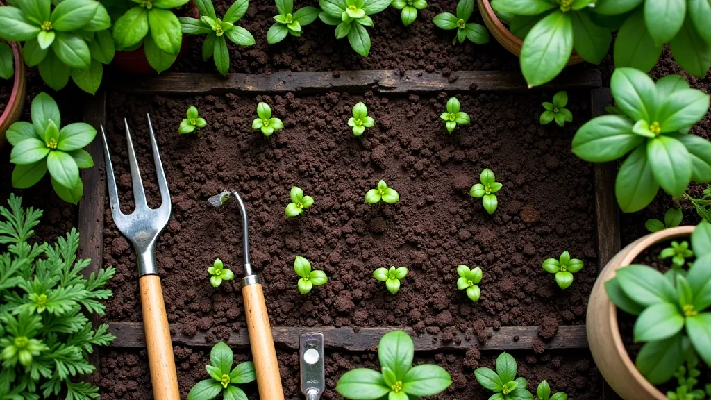 Spring garden with freshly prepared beds, young seedlings in trays, and garden tools ready for planting