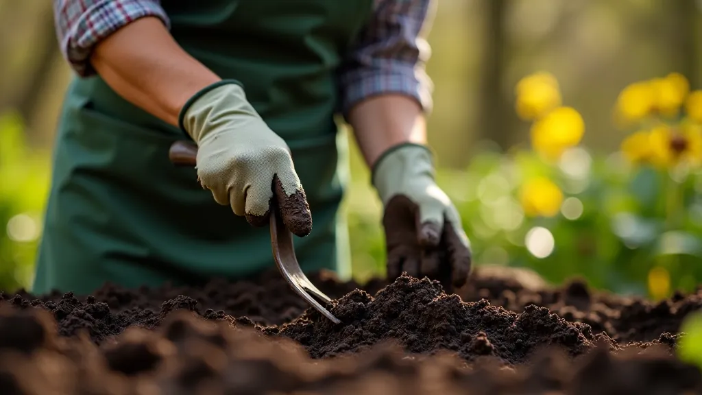 Close-up of rich dark garden soil with compost being mixed in with a garden fork