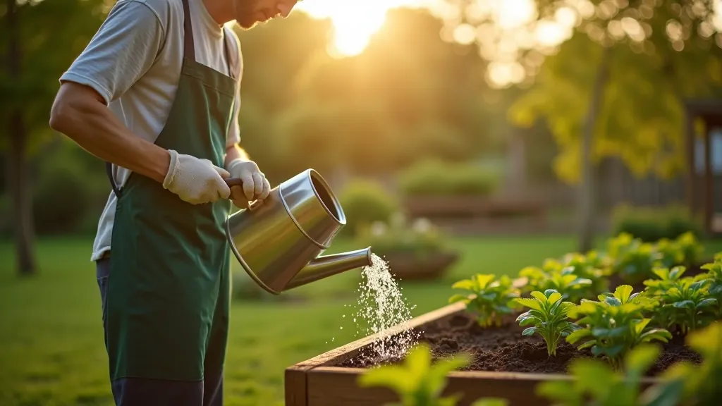 Garden watering can pouring water onto young vegetable seedlings in spring garden beds