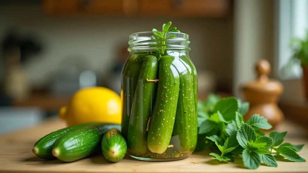 Glass jar filled with pickled cucumbers and fresh dill, pickling brine visible, traditional kitchen setting with wooden spoon and vinegar bottle nearby