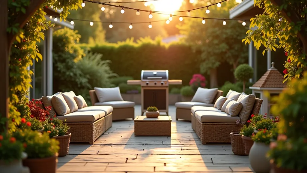Summer patio setup with BBQ area, comfortable seating, string lights, and outdoor dining furniture