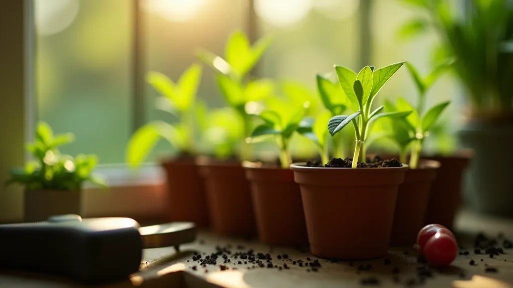 Spring garden with young seedlings and garden tools