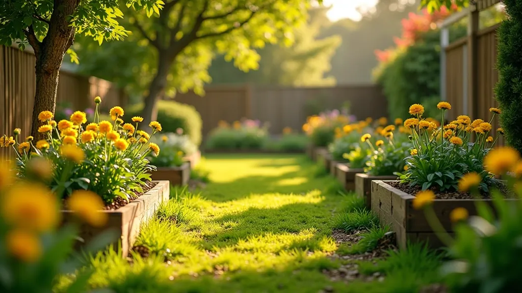 Lush garden with seasonal plants and garden tools in spring sunlight