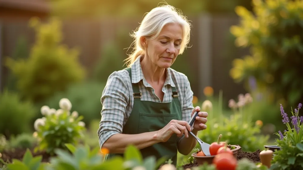 Margaret Thornbury working in her garden workspace, surrounded by seasonal plants and gardening tools, natural daylight