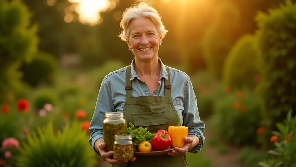 Margaret Thornbury in her garden during golden hour, holding fresh vegetables and preserved jars, surrounded by seasonal plants